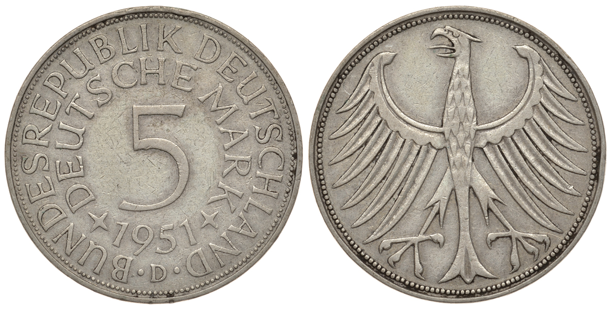 ФРГ 5 марок 1951 D, KM 112.1, J.387 серебро 413-6821