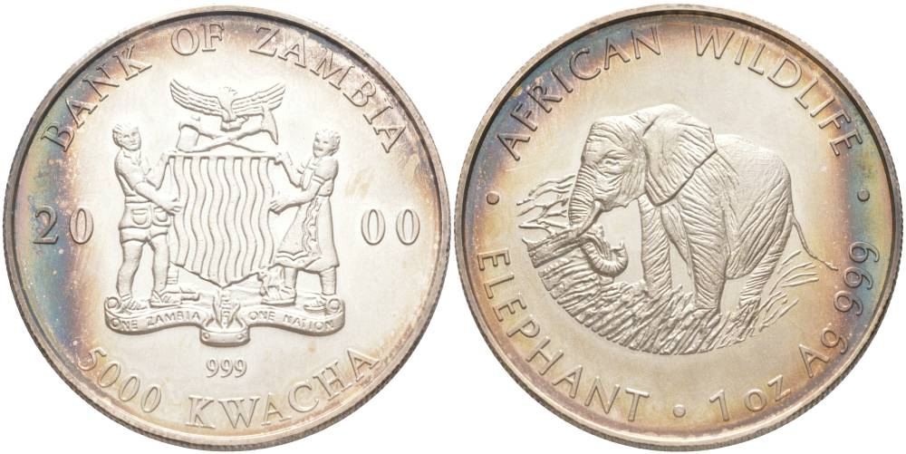 Замбия 5000 квача 2000 Африканские слоны KM 141 серебро UNC 1091-4-12