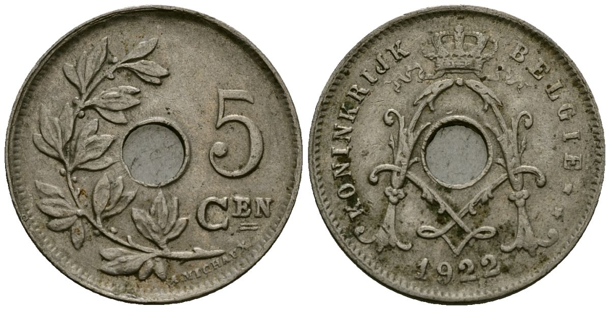 Бельгия 5 сантимов 1922 Belgie KM 67 медно-никель 4173-237