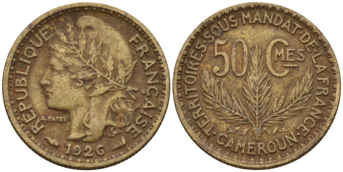 Камерун 50 сантимов 1926 (a), мондвор Париж KM 1 алюминиевая бронза 4164-1257