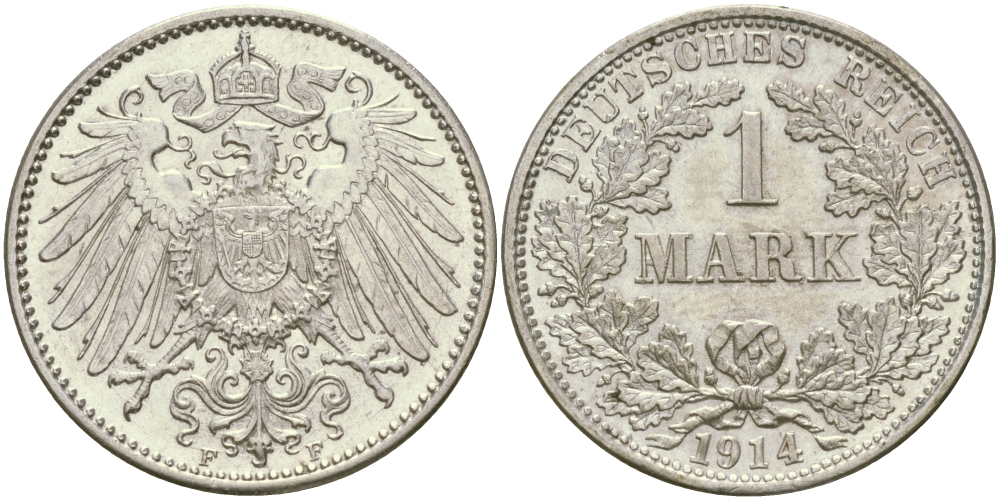 Германия 1 марка 1914 F Weege 18, J. 17, KM 14 серебро aUNC 98-1212