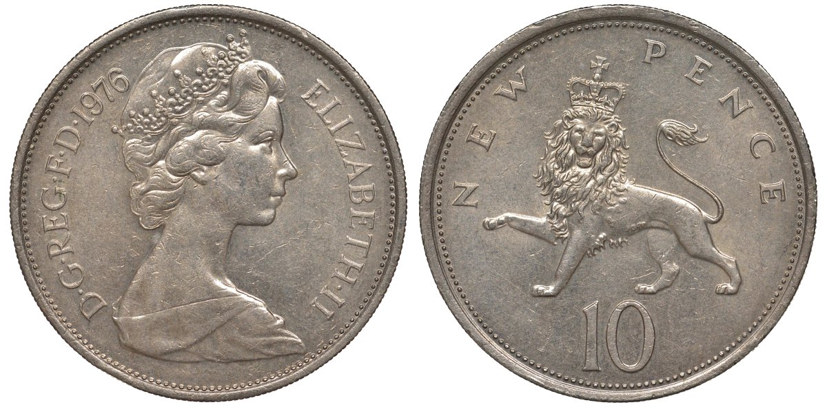 Великобритания 10 пенсов 1976 Елизавета II (1952-2022) KM 912, Spink 4231 (F1) медно-никель 4123-934