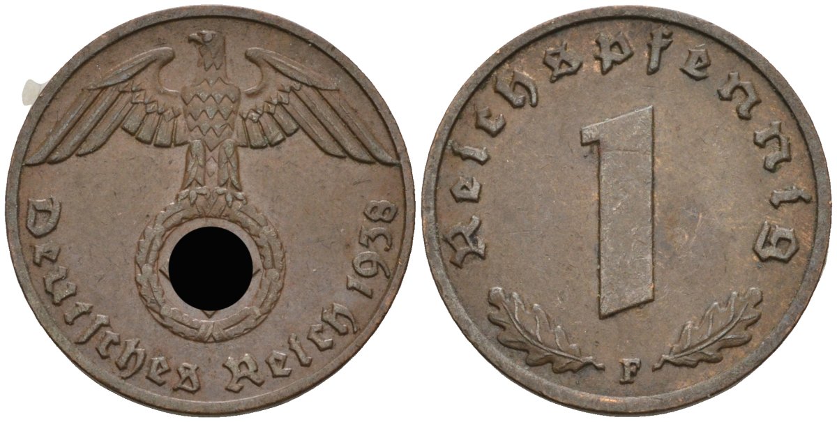 Германия 1 рейхспфенниг 1938 F KM 89, J 361 бронза 4136-1165