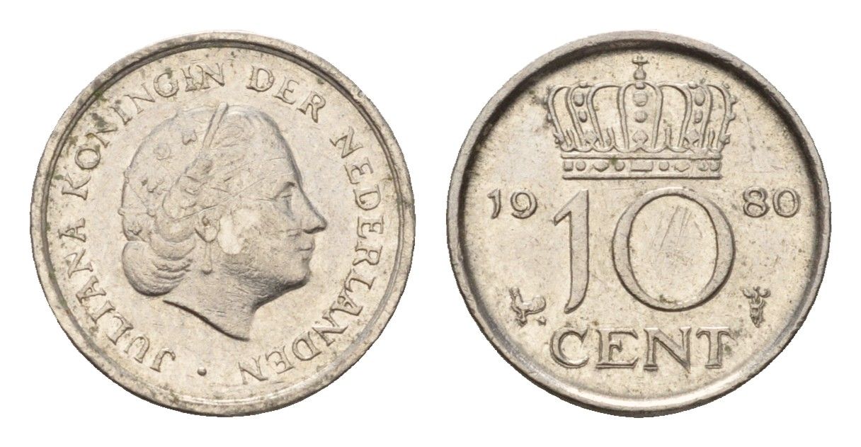 Нидерланды 10 центов 1980 Юлиана (1948-1980) KM 182 никель 206-448