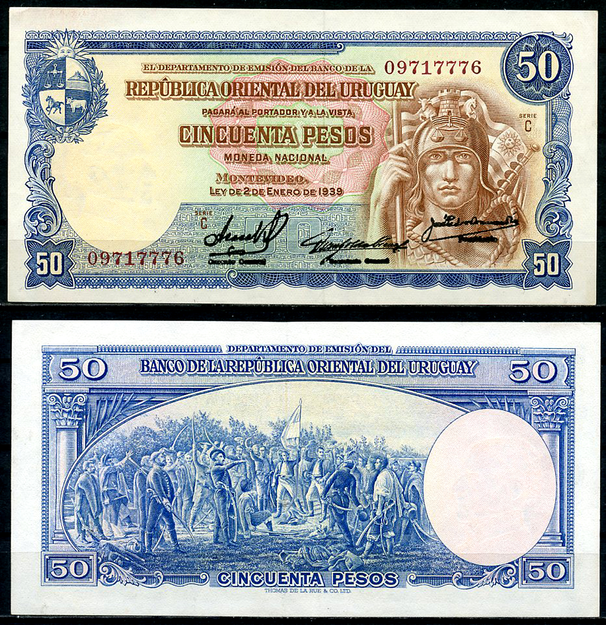 Уругвай 50 песо 1939 клятва 33 Ориенталес, серия C Pick 38 b (2)  бумага   451-441-1