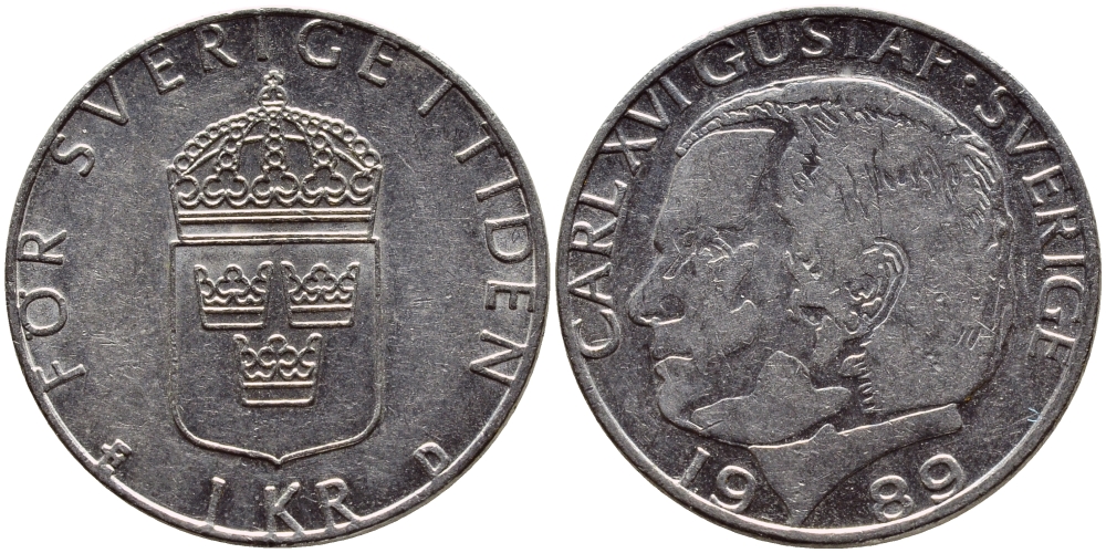 Швеция 1 крона 1989 Карл XVI Густав (1973- ) KM 852a медно-никель 4397-1256