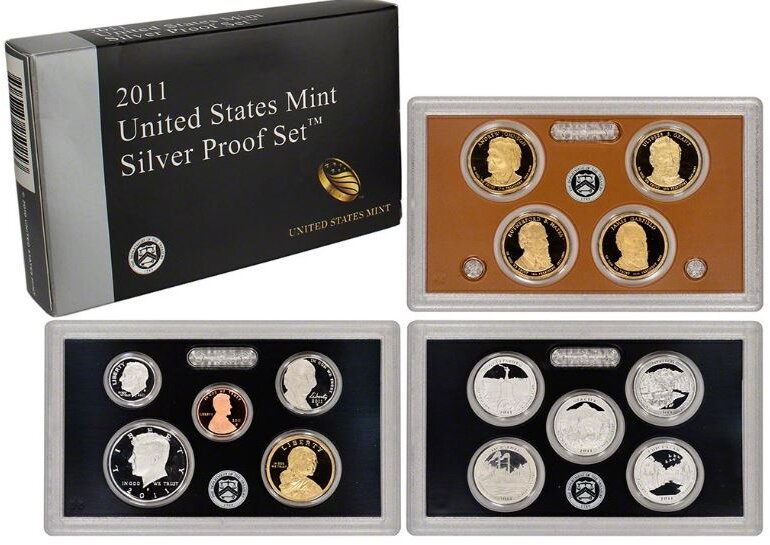США официальный набор из 14 монет, в 3 пластиковых сетах 2011 годовой набор и юбилейные монет (1 доллар и 25 центов), в оригинальной коробке, сертификат US-001262   PROOF  8-2-03-09