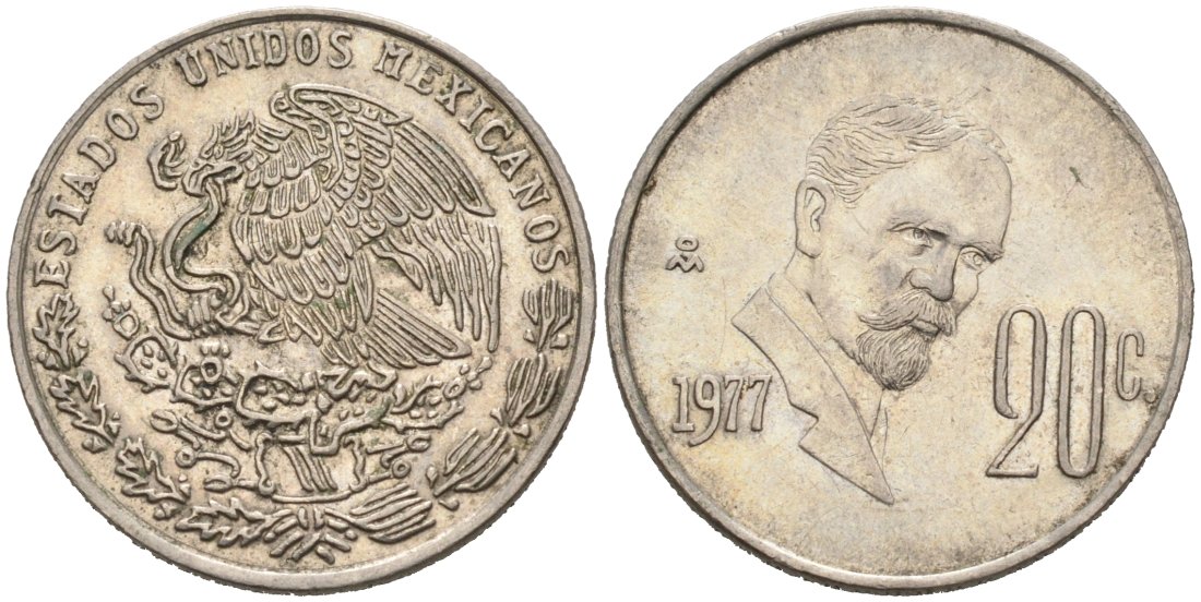 Мексика 20 сентаво 1977 Франциско Индалеси KM 442 медно-никель 4567-333