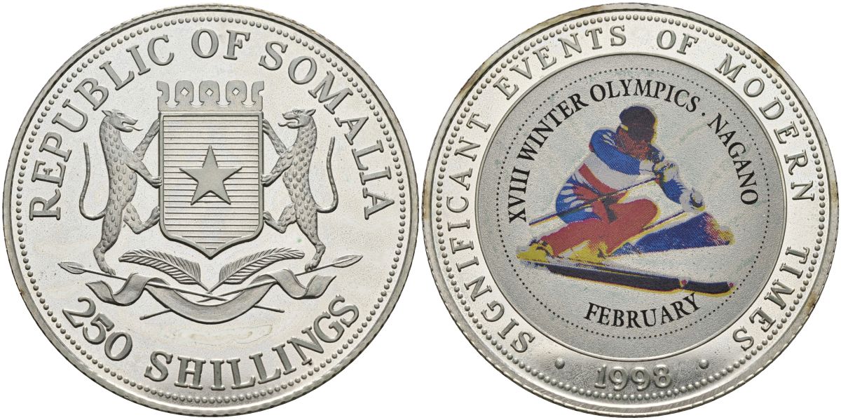 Сомали 250 шиллингов 1998 XVIII зимние Олимпийские игры в Нагано, слалом, цветная эмаль KM 102 серебро PROOF 04-138-13