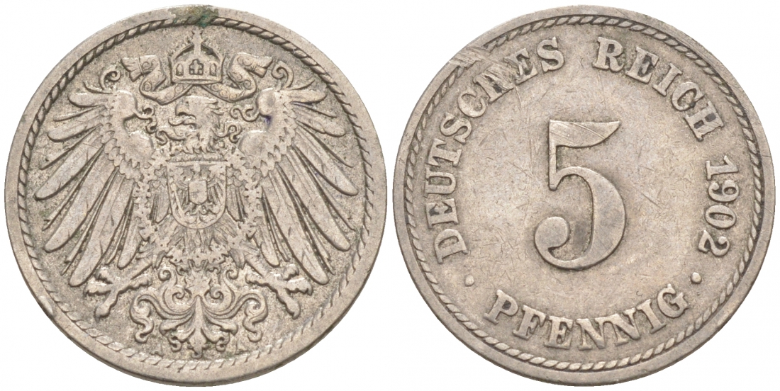 ГЕРМАНИЯ 5 ПФЕННИГОВ 1902 A, KM 11, J. 12 медно-никель 73-1567