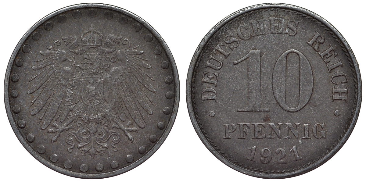 Германия 10 пфеннигов 1921 A KM 20, J. 298 железо 4119-153
