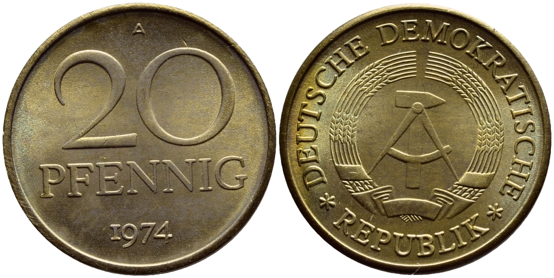ГДР 20 пфеннигов 1974 А KM 11 латунь UNC 54-2257