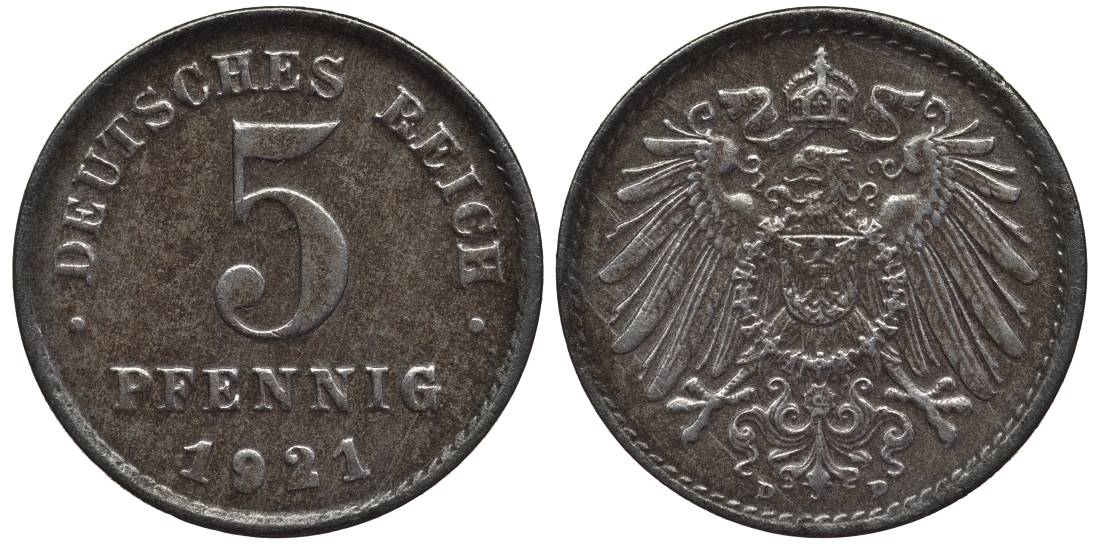 ГЕРМАНИЯ 5 ПФЕННИГОВ 1921 D KM 19, Jager 297, Weege 5 железо 4547-628