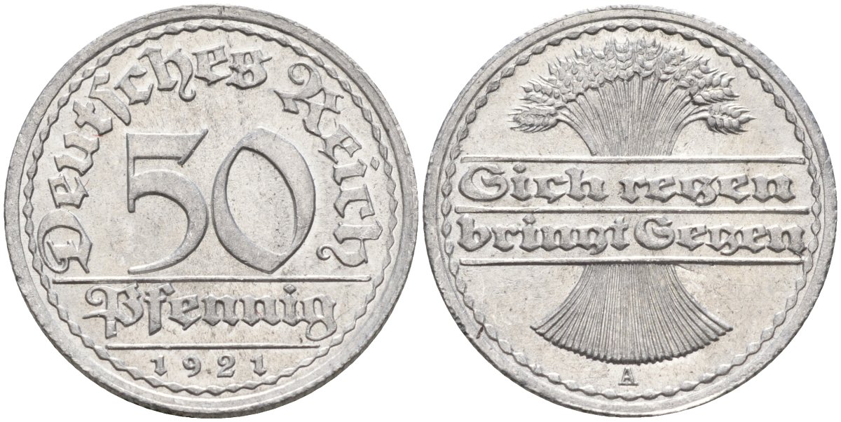 Германия 50 пфеннигов 1921 A KM 27, J.301, Weege 10 алюминий UNC 4584-824