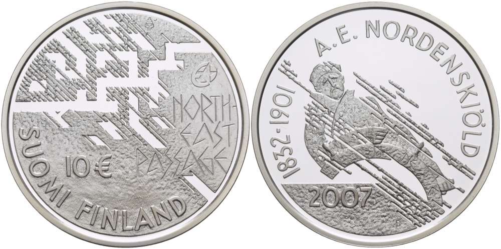 Финляндия 10 евро 2007 175 лет со дня рождения Нильс Адольфа Эрика Норденшёльда, первопроходец Северно-Восточного морского пути KM 134 серебро  PROOF  11-040-21