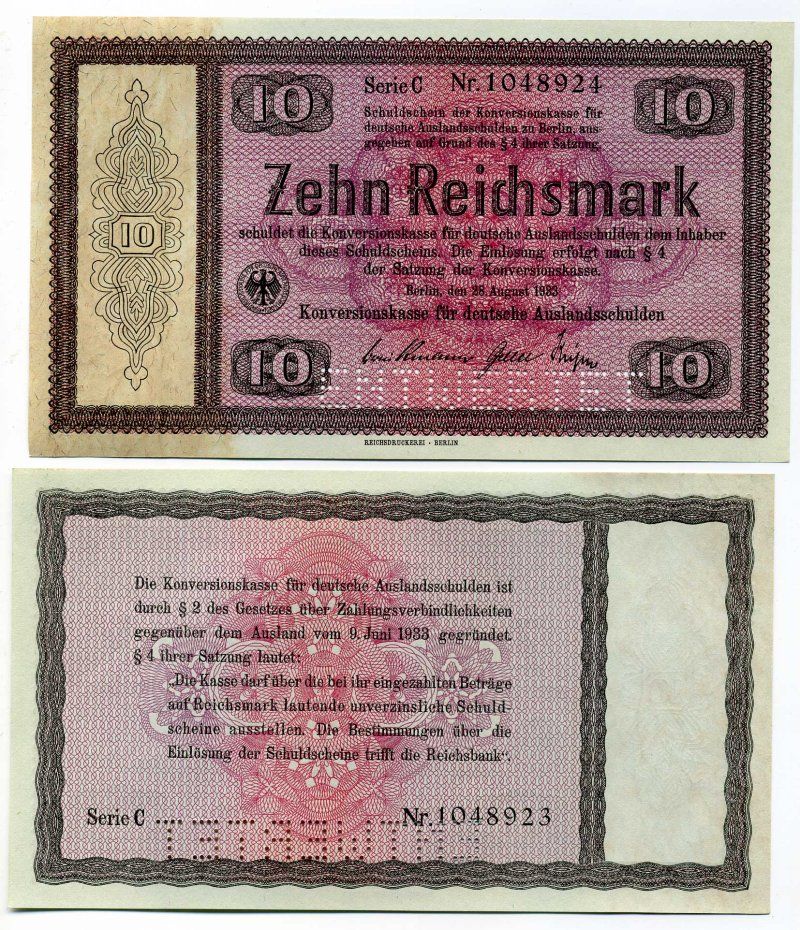 ГЕРМАНИЯ 10 РЕЙХСМАРОК 1933 28 АВГУСТА 1933, КОНВЕРСИОННЫЙ ВЫПУСК, ПРЕОБРАЗОВАНИЕ, ТРЕТИЙ РЕЙХ, СЕРИЯ С, ПЕРФОРАЦИЯ ENTWERTET Pick 200 бумага UNC (ПРЕСС) 000-00-00