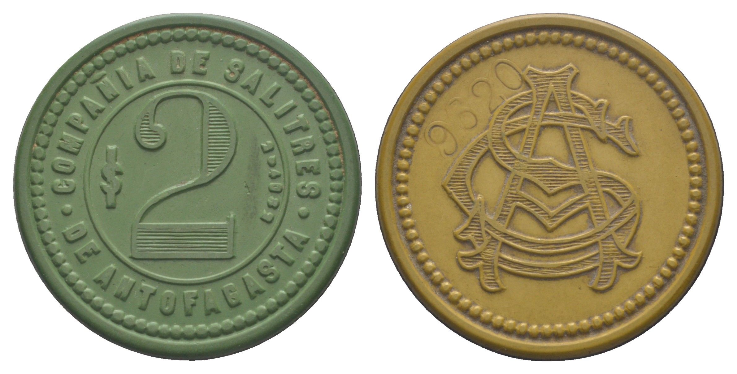 Чили, Антофагаста (Antofagasta) шахтерский жетон с Селитряного рудника для покупки в местных магазинах, номиналом в 2 песо около 1904 диаметр 34,5 мм, вес 5,54 гр Espinosa 22.10 эбонит (зеленый) 1094-11-42