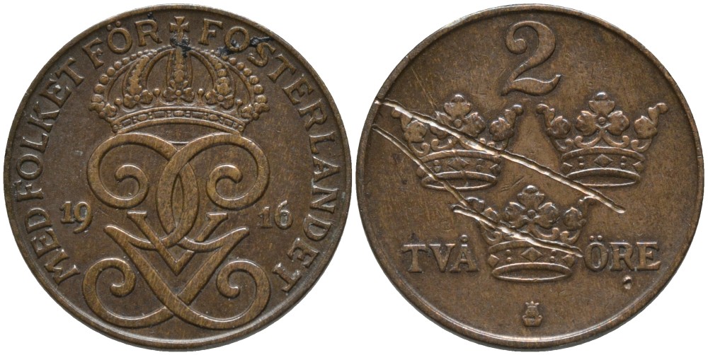 Швеция 2 эре 1916 Густав V (1907-1950), LONG 6 KM 778 бронза 63-1122