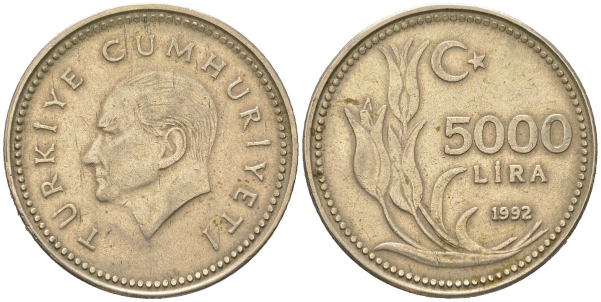 Турция 5000 лир 1992 KM 1025 никель латунь 4599-1222