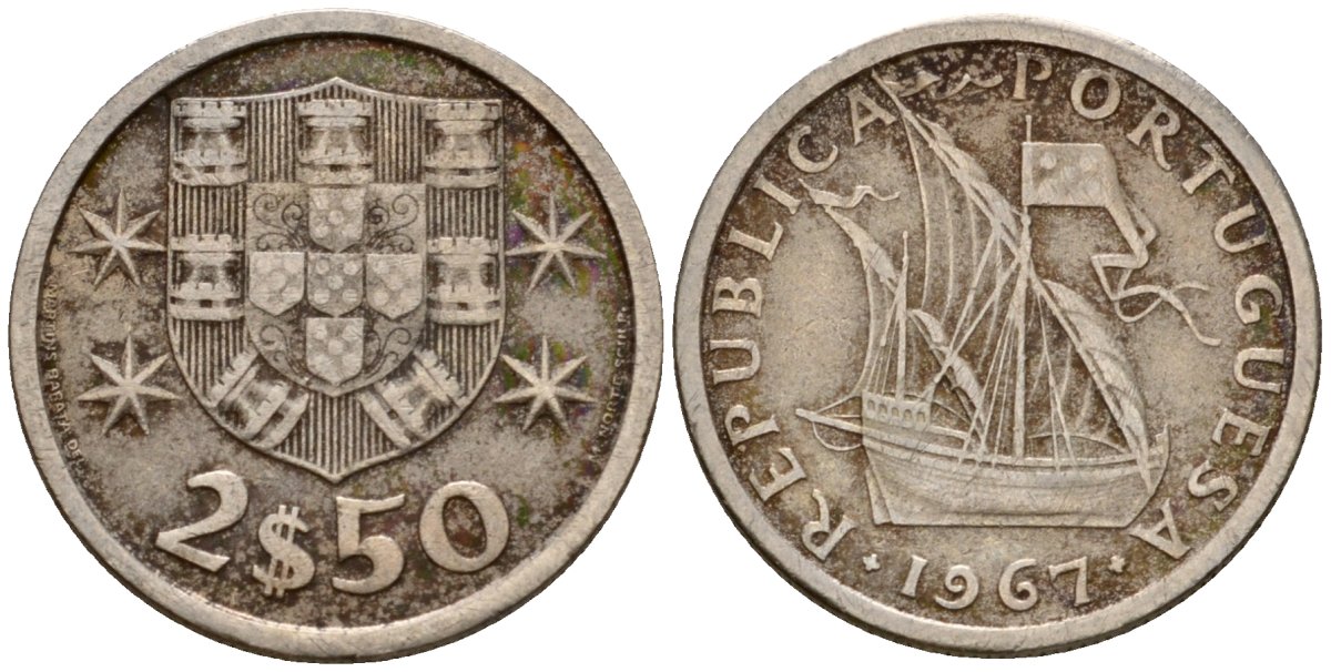 Португалия 2,5 эскудо 1967 парусник KM 590 медно-никель 4602-317