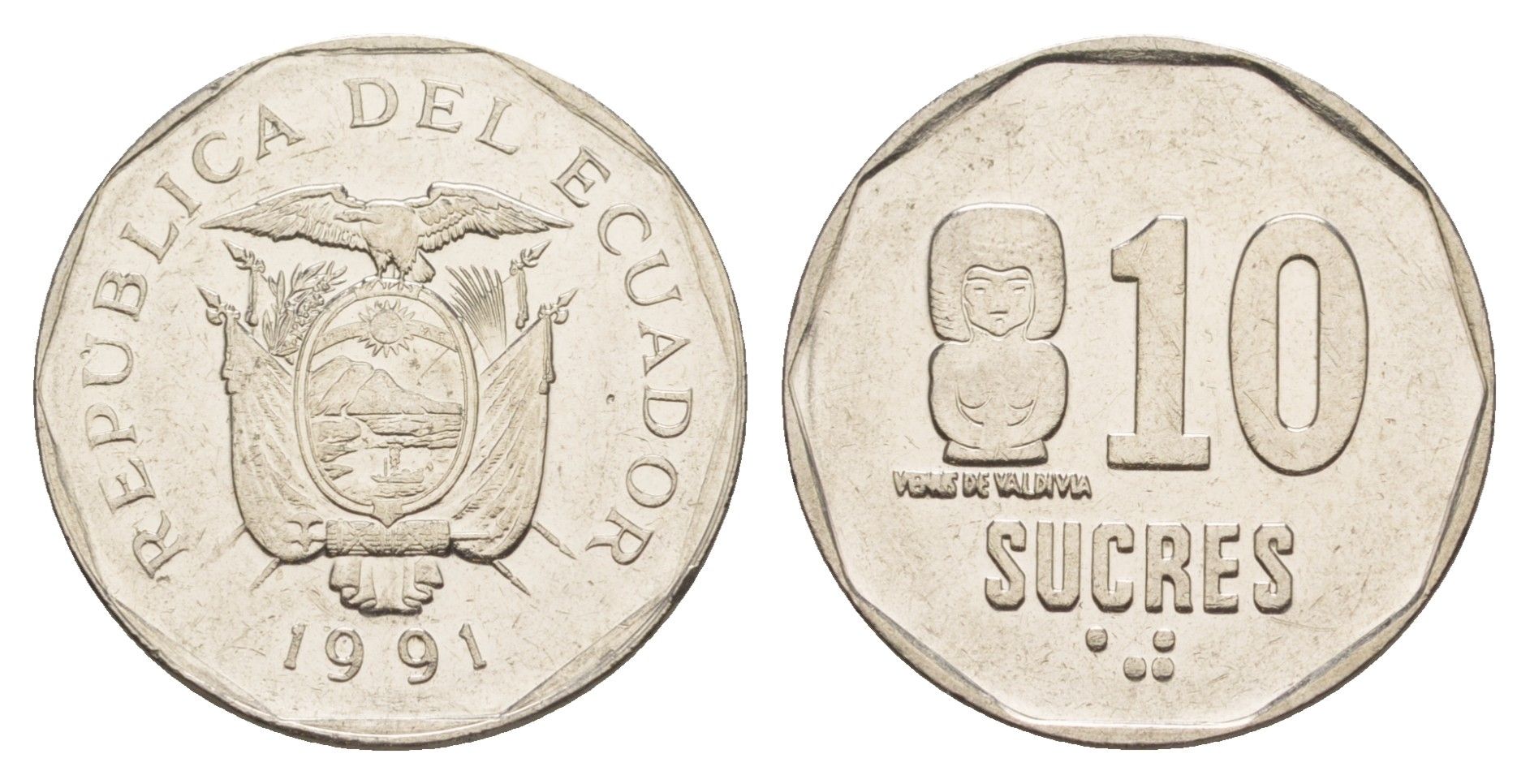 Эквадор 10 сукре 1991 KM 92.2 сталь плакированная никелем 4641-716