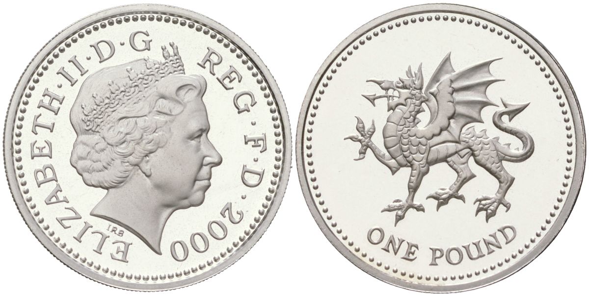 Великобритания 1 фунт 2000 Елизавета II (1952-2022) KM 1005a, Spink J15 серебро PROOF 00-00