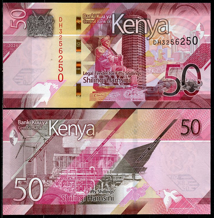 Кения 50 шиллингов 2024 Статуя Кениаты и международный конференц-центр Кениаты, Найроби, возобновляемая энергия Pick 52  бумага  UNC (пресс) 446-90-1