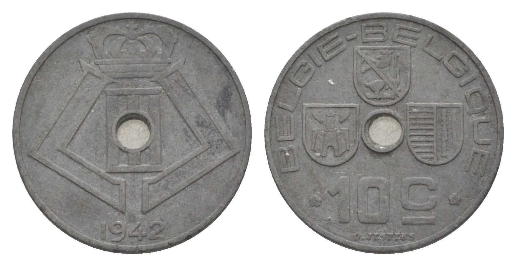 Бельгия 10 сантимов 1942 Belgie - Belgique, Леопольд III (1934-1947), германская оккупация, Вторая мировая война KM 124 цинк 4643-354