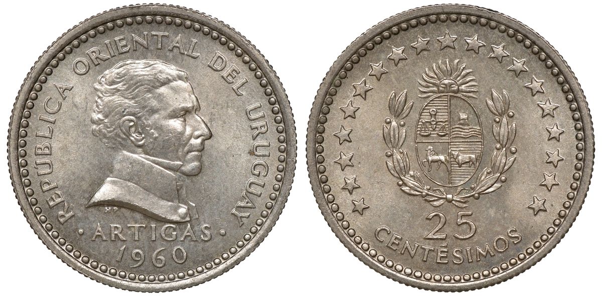 Уругвай 25 сентесимо 1960 KM 40 медно-никель 4169-957