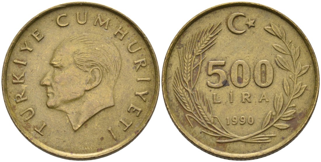 Турция 500 лир 1990 Кемаль Ататюрк KM 989 алюминиевая бронза 4573-911
