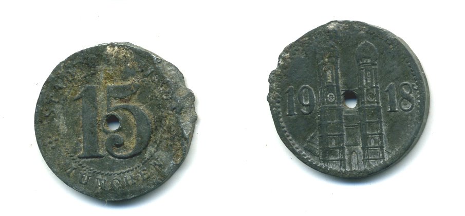 МЮНХЕН 15 ПФЕННИГОВ 1918 НОТГЕЛЬД, С ОТВЕРСТИЕМ цинк 54-714