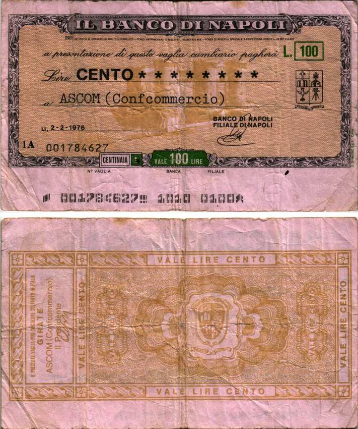 Италия чек на 100 лир 1976 2 февраля 1976, IL Banco Di Napoli бумага 7203-83-3-1
