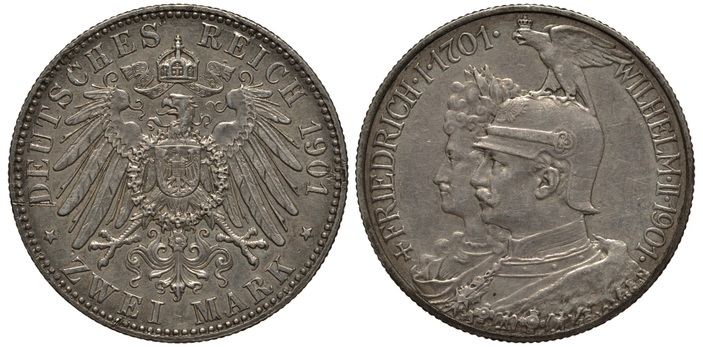 Пруссия 2 марки 1901 A, 200 лет Прусской королевской династии (Фридрих I - Вильгельм II) J.105, Weege 105, KM 525 серебро 3711-1014