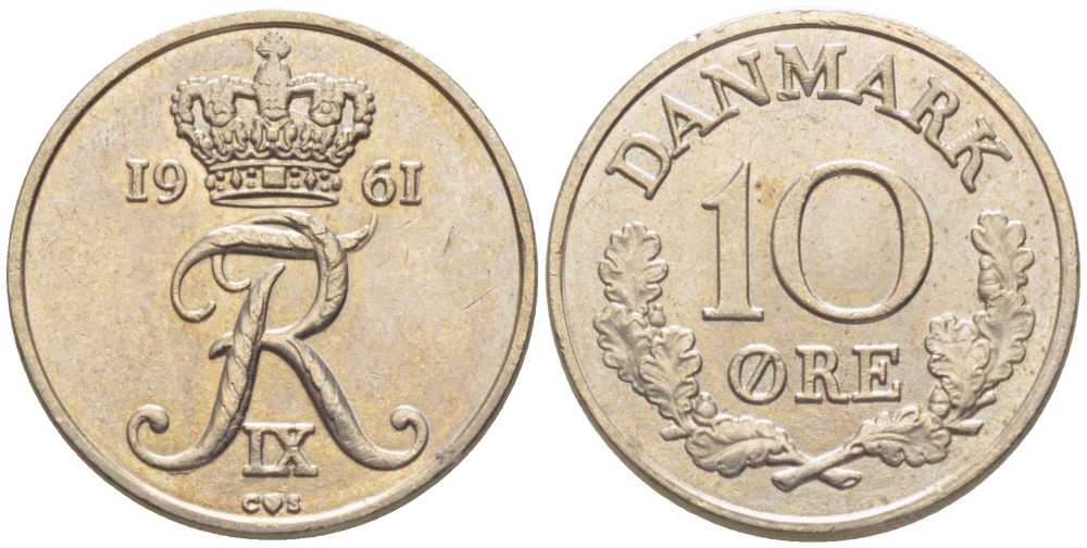 ДАНИЯ 10 ЭРЕ 1961 C;S, ФРЕДЕРИК IX (1947-1972) KM 849,1 медно-никель 201-1219