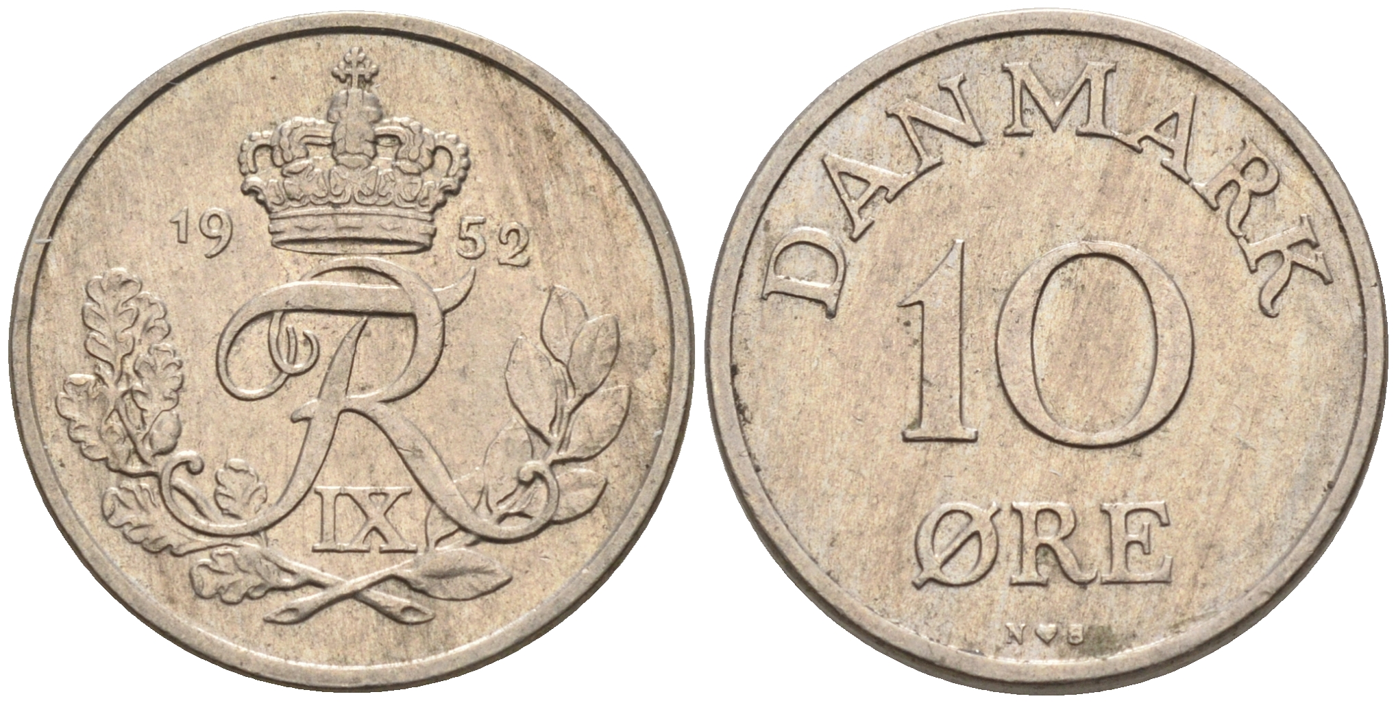 ДАНИЯ 10 ЭРЕ 1952 N; S, ФРЕДЕРИК IX (1947-1972) KM 841.1 медно-никель 4564-1215