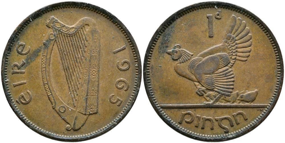 ИРЛАНДИЯ 1 ПЕННИ 1965 КУРИЦА С ЦЫПЛЯТАМИ KM 11 бронза 4531-722