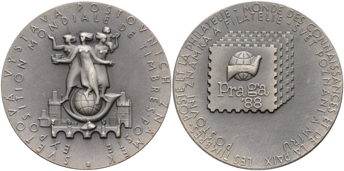 Чехословакия медаль 1988 всемирная филателистическая выставка в Праге, Прага 88, диаметр 50,5 мм белый металл 1085-4-42