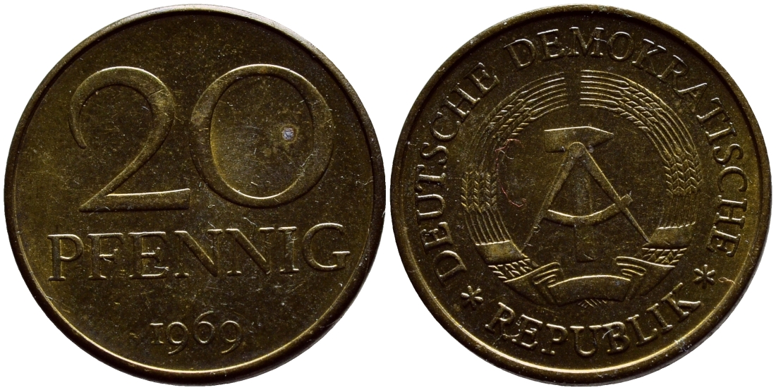 ГДР 20 пфеннигов 1969 А, первый год KM 11 латунь UNC 4395-1032
