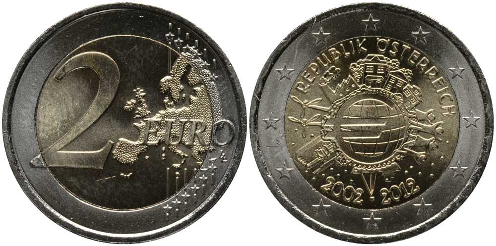 Австрия 2 евро 2012 10 лет монетарной политике и наличному евро KM 3205 биметалл UNC 115-945