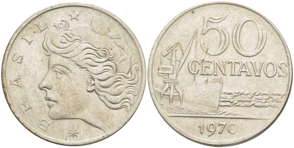 Бразилия 50 сентаво 1970 голова свободы влево KM 580а медно-никель 4529-417