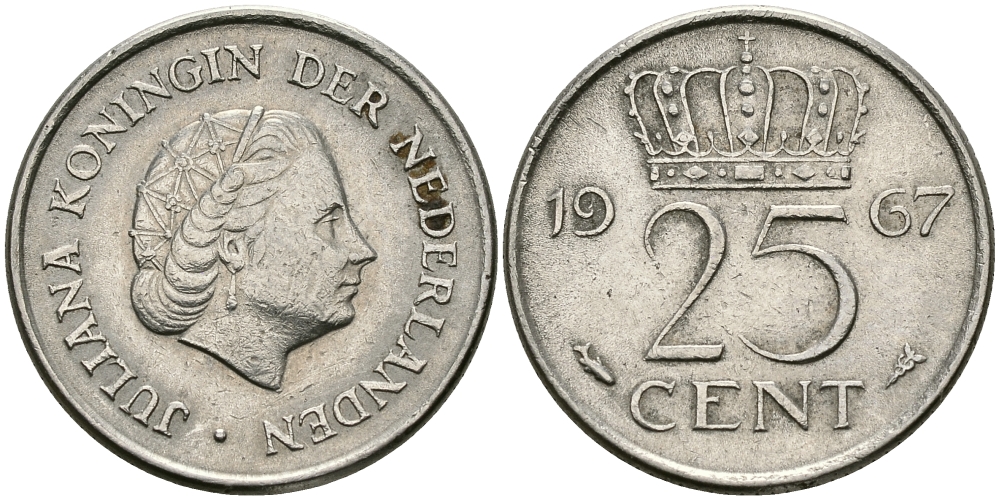 НИДЕРЛАНДЫ 25 ЦЕНТОВ 1967 ЮЛИАНА KM 183 никель 96-168