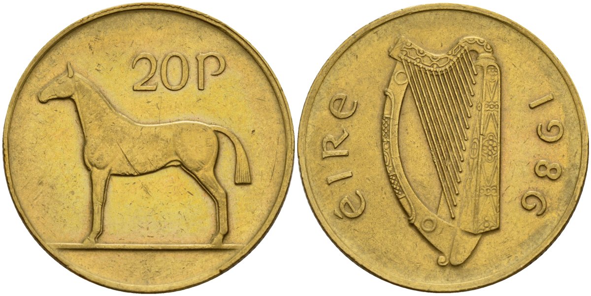 Ирландия 20 пенсов 1986 лошадь KM 25 никель бронза 4140-334