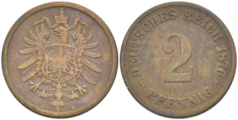 ГЕРМАНИЯ 2 ПФЕННИГА 1876 E, СТАРОГЕРБОВКА KM 2, J. 2, Weege 3 медь 212-654