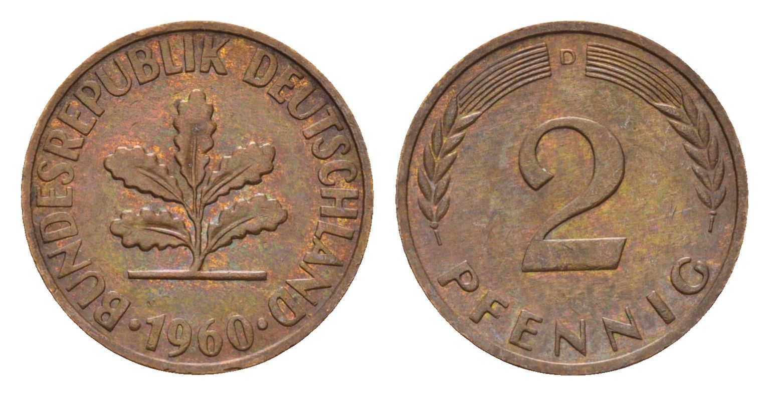 ФРГ 2 пфеннига 1960 D KM 106, J. 381 бронза 4532-748