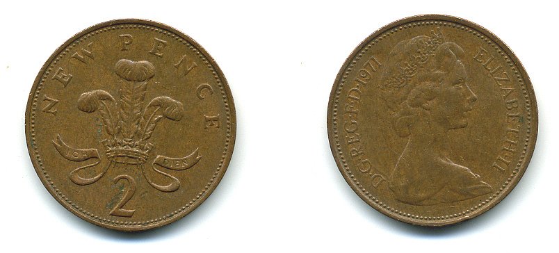 Великобритания 2 пенса 1971 Елизавета II (1952-2022) КМ 916, Spink 4235 (C1) бронза 4110-635