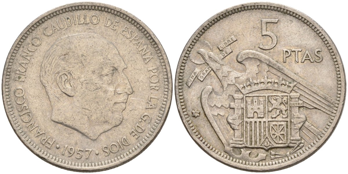Испания 5 песет 1957 (71) Франсиско Франко (1939 - 1975) KM 786 медно-никель 4155-552