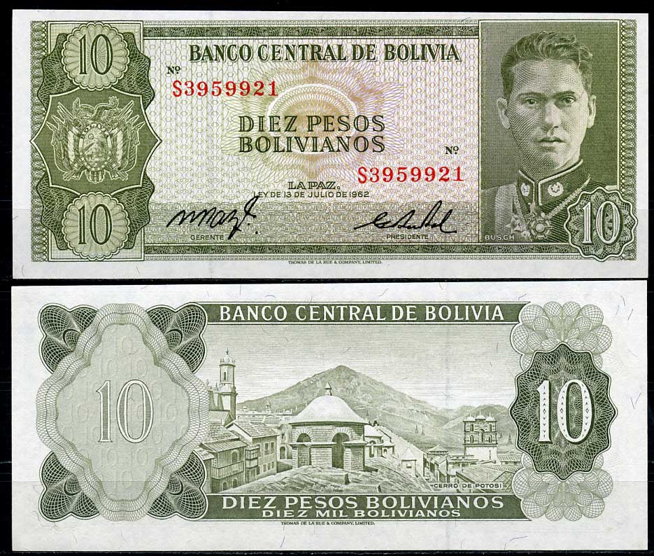 Боливия 10 песо боливиано 1962 серия S3, Херман Буш Бесерра, TDLR Pick 154 a (17) бумага UNC (пресс) 447-103-1