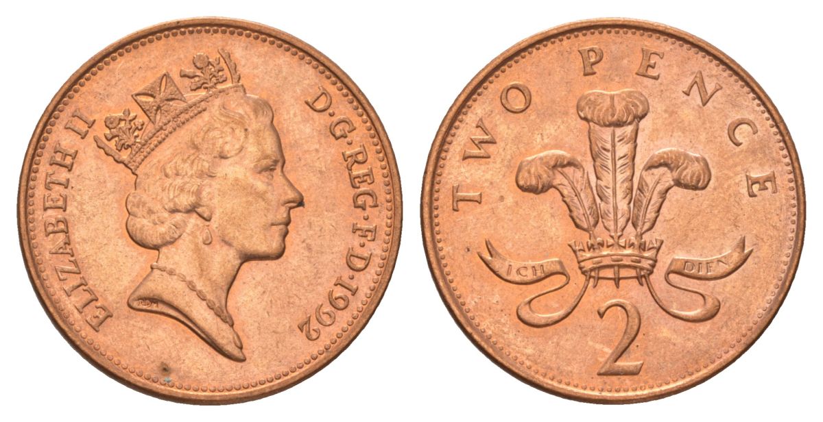 Великобритания 2 пенса 1992 Елизавета II (1952-2022) KM 936a, Spink 4376 (C4) сталь плакированная медью UNC 4628-757