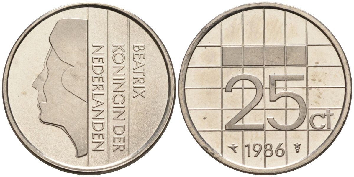 Нидерланды 25 центов 1986 Беатрикс (1980-2013) KM 204 никель UNC 4588-865