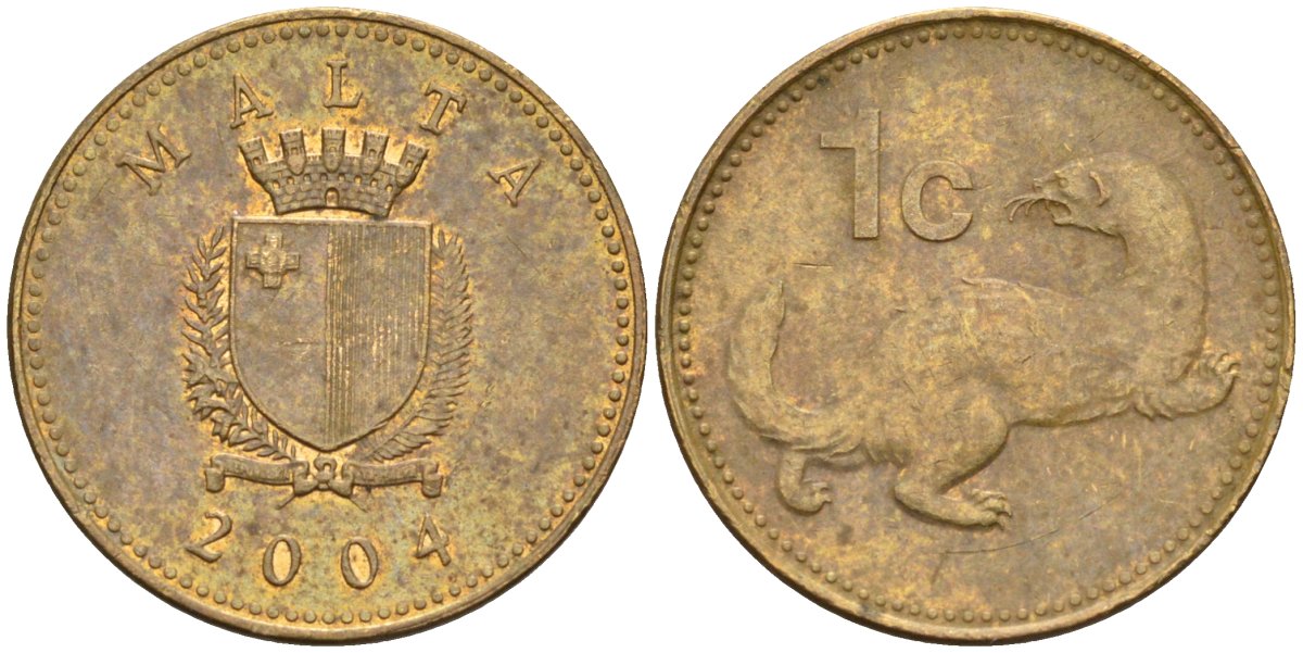 Мальта 1 цент 2004 ласка, горностай KM 93 никель латунь 4585-1252
